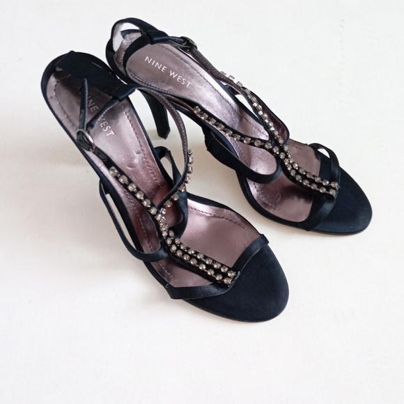 Nine West black satin jewel embellished strappy sandal heels - Picture 2 of 10